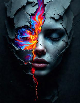 The primary subject of the image is a woman with a broken face, featuring a mix of blue and orange colors. The setting is a dark background, which adds to the overall mood of the image. The visual style is a combination of digital art and illustration, creating a striking and unique portrait.